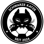 Eine schwarze Katze mit einem Fußball.